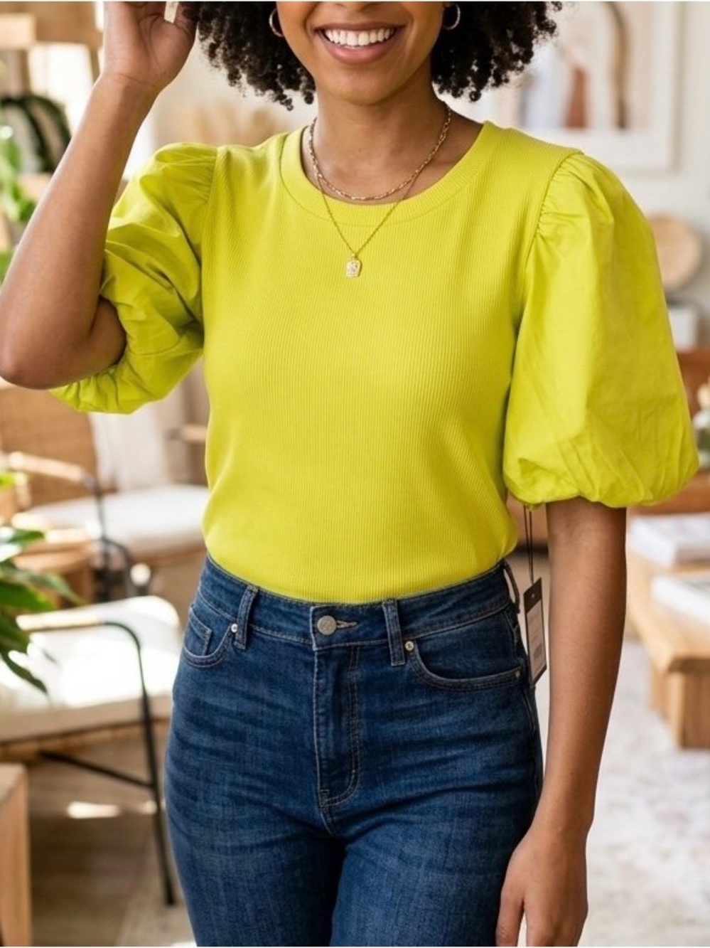 NWT Nicole Miller Chartreuse Short Puff Sleeve Ribbed Blouse Size L Limen Green